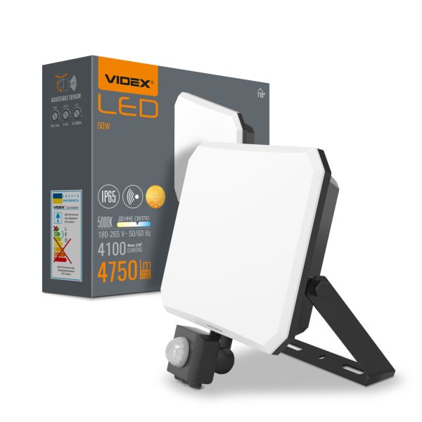 Прожектор LED VIDEX F3 50W 5000K з датчиком руху 220V Black (VLE-F3-0505B-S)