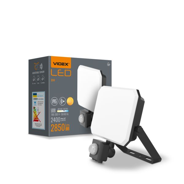 Прожектор LED VIDEX F3 30W 5000K з датчиком руху 220V Black (VLE-F3-0305B-S)